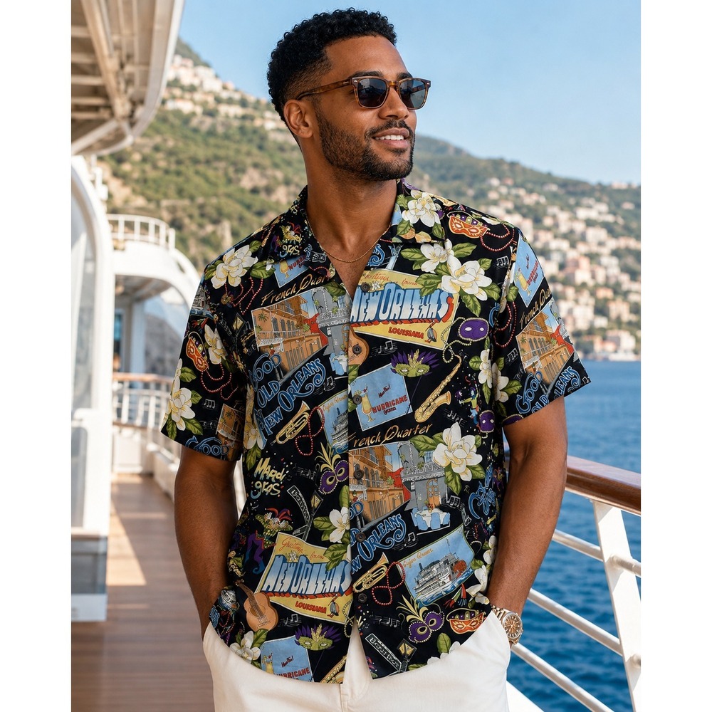 David Carey New Orleans Camp Shirt Black Button Up Collared Short Sleeve Mens M